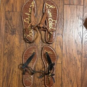 Sam Edelman Gigi Brown and Black Leather T-Strap Flat Sandals - Pair